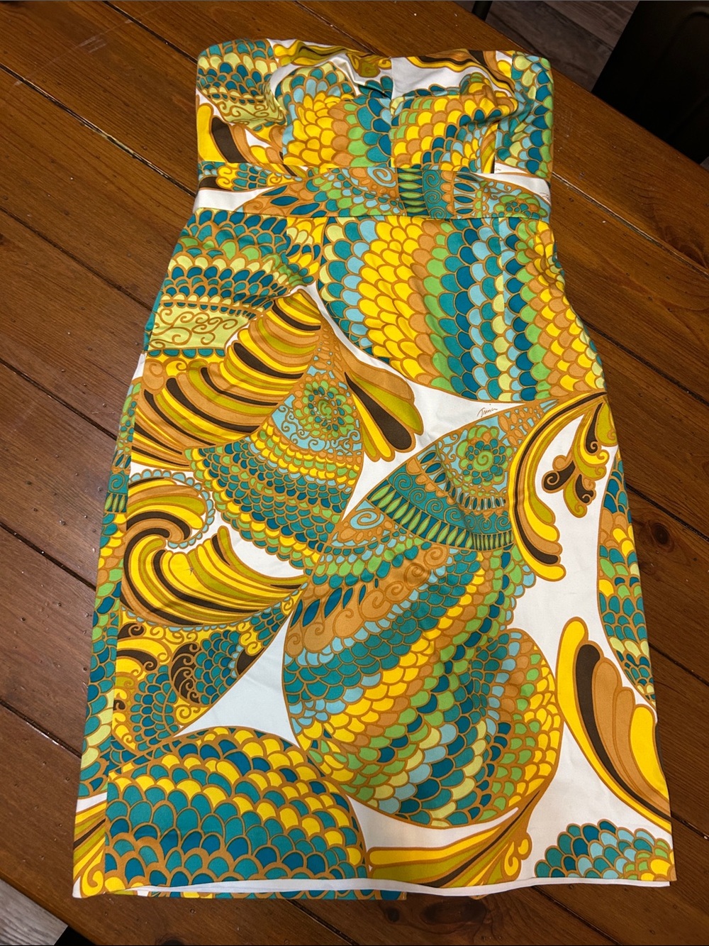 Trina Turk Yellow, Teal & White Printed Strapless Dress